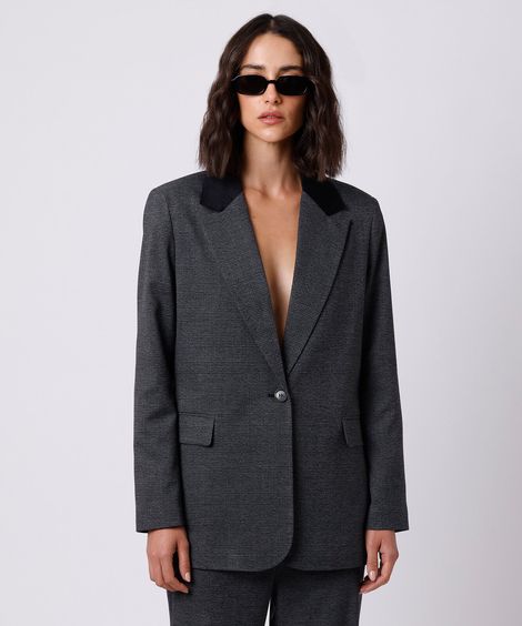 blazer de alfaiataria feminino lapela contrastante xadrez mindset cinza