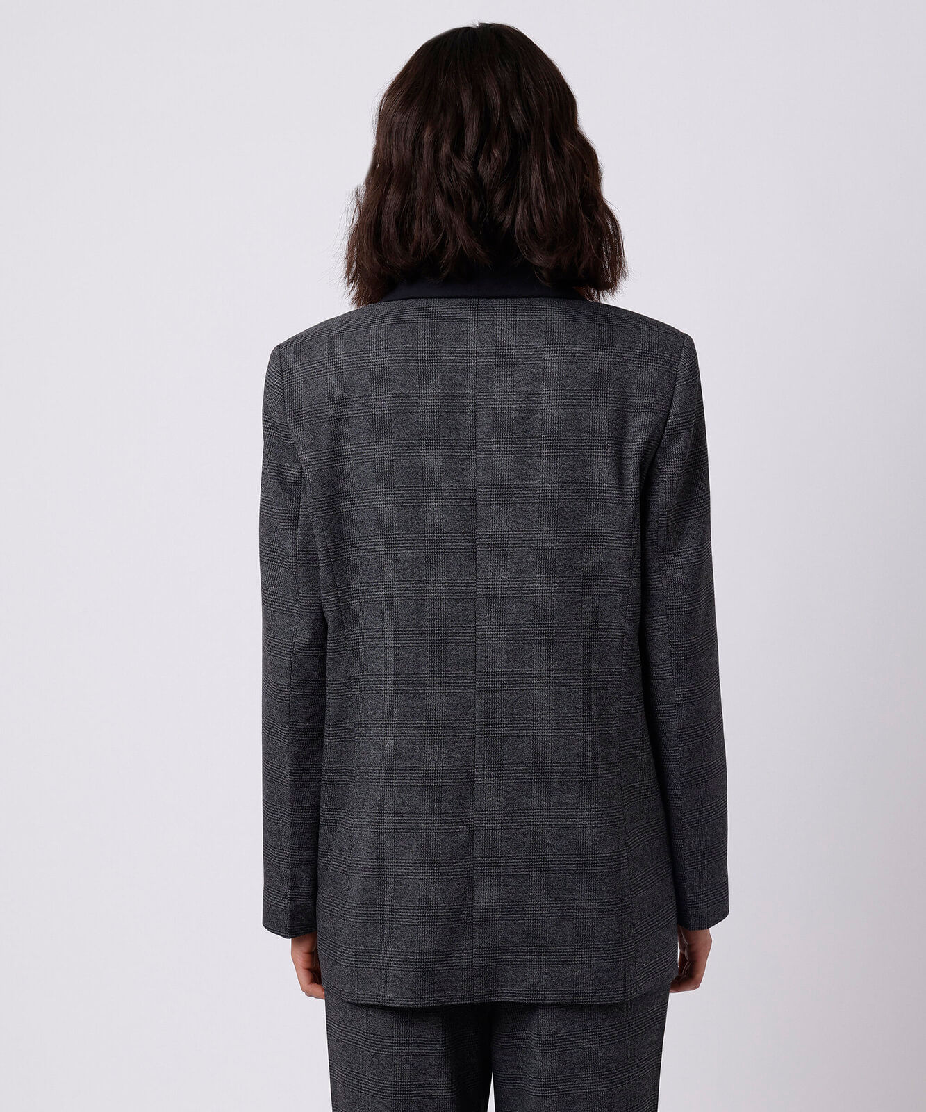 blazer de alfaiataria feminino lapela contrastante xadrez mindset cinza