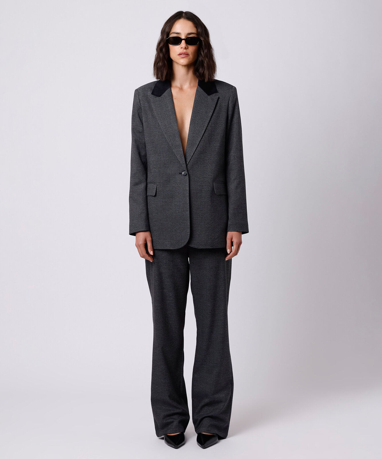 blazer de alfaiataria feminino lapela contrastante xadrez mindset cinza