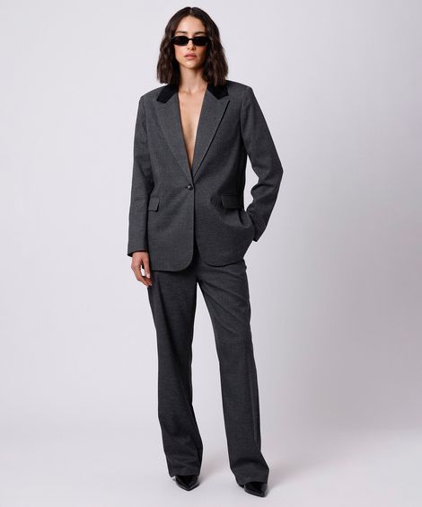 calça reta de alfaiataria feminina xadrez mindset cinza