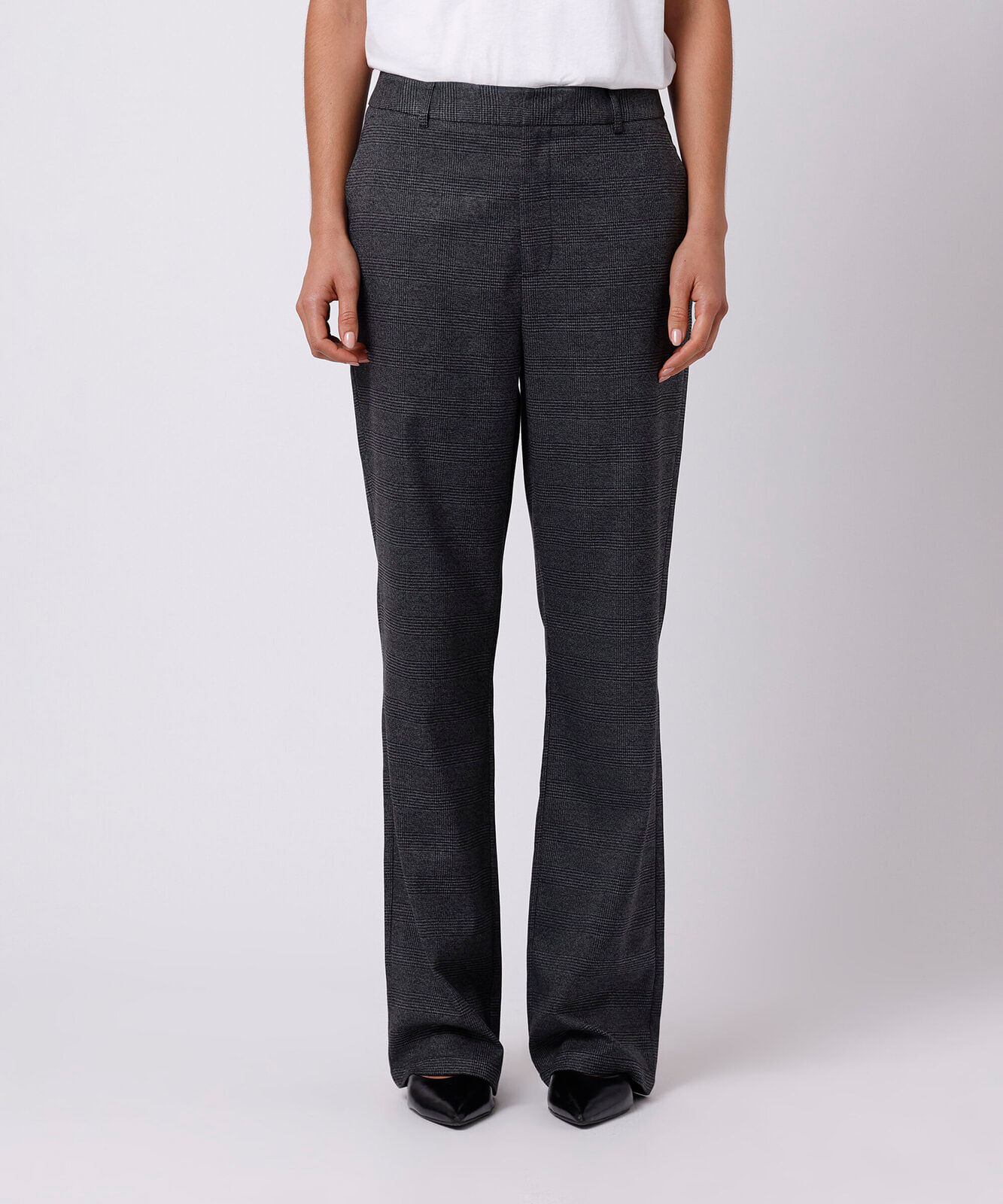 calça reta de alfaiataria feminina xadrez mindset cinza