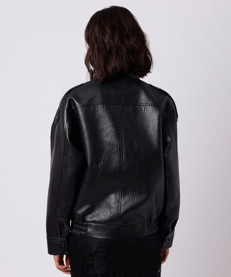 jaqueta funnel neck feminina de poliuretano mindset preta