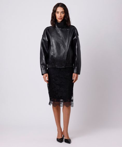 saia midi feminina de renda floral mindset preta