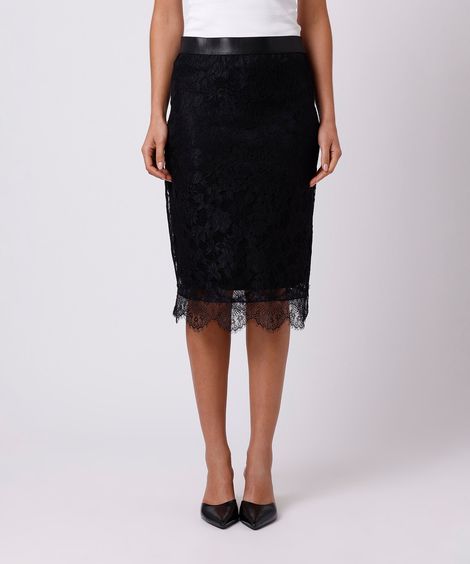 saia midi feminina de renda floral mindset preta