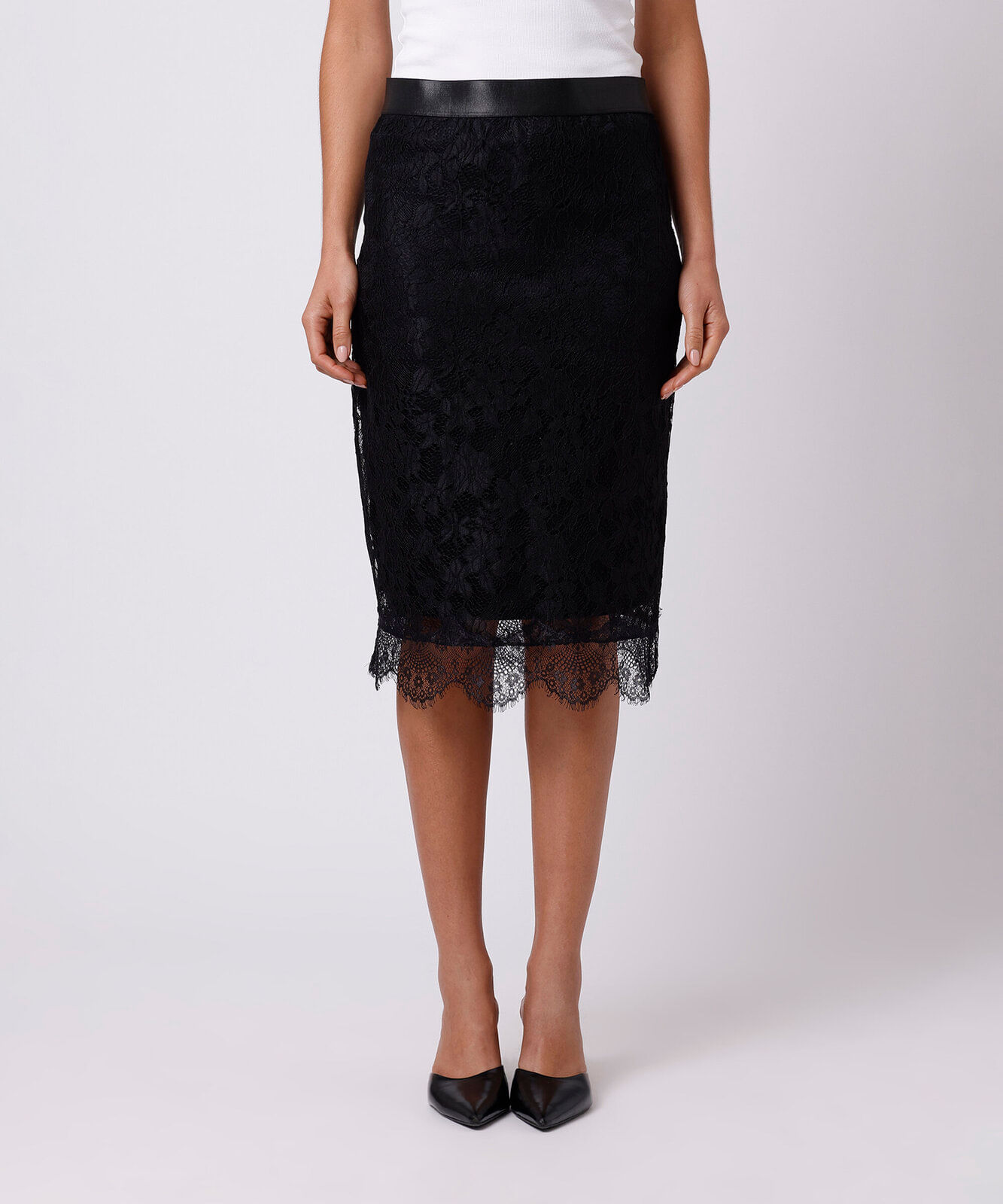 saia midi feminina de renda floral mindset preta