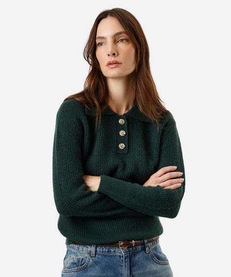 polo feminina de tricot manga longa verde