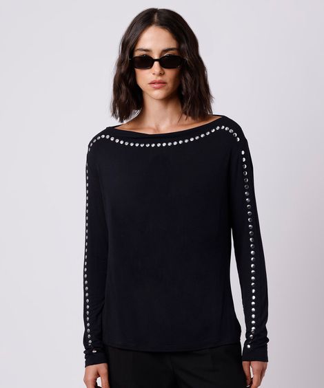 blusa feminina de viscose decote canoa com tachas mindset preta