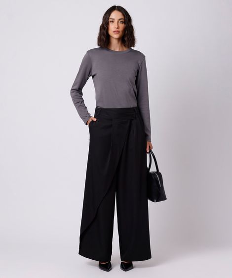 calça de alfaiataria feminina cós transpassado risca de giz preta