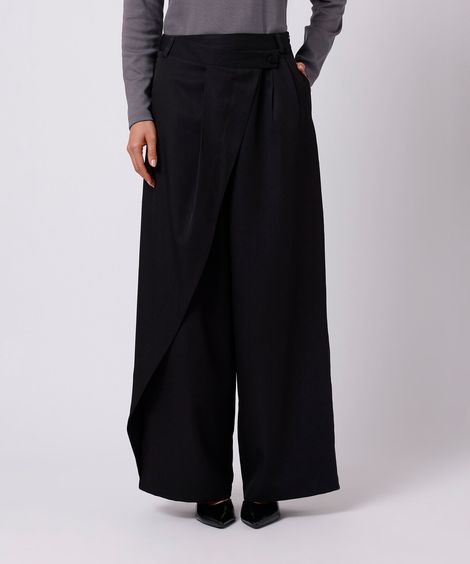 calça de alfaiataria feminina cós transpassado risca de giz preta