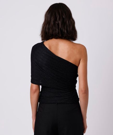 blusa ombro único feminina de renda franzida floral mindset preta
