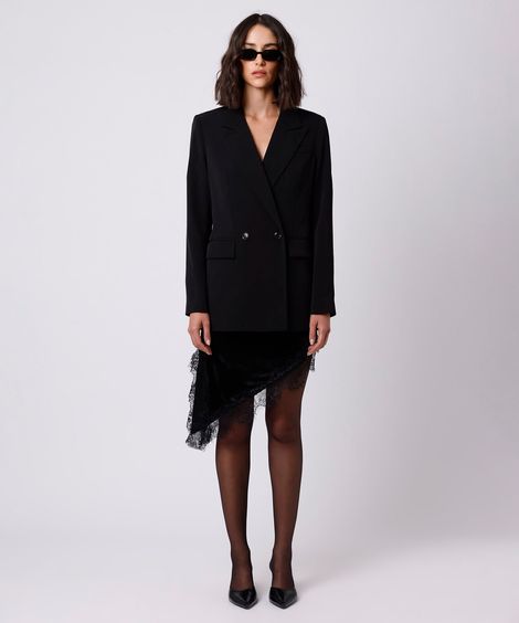 saia curta feminina de veludo com renda assimétrica mindset preta