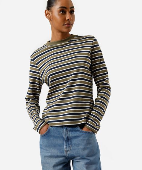 blusa feminina malha de algodão peruano listrada verde