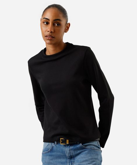 blusa feminina algodão peruano manga longa lisa preta