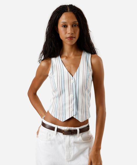 colete cropped feminino com linho e amarração listrado colorido