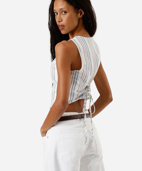 colete cropped feminino com linho e amarração listrado colorido