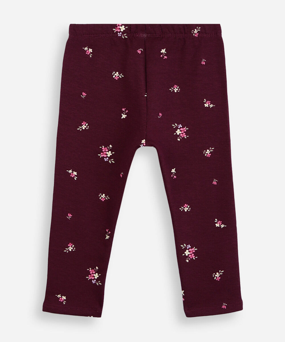calça legging infantil de algodão felpado floral vinho