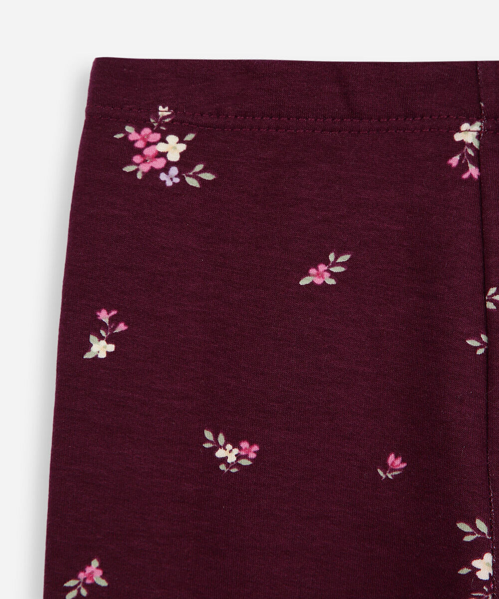 calça legging infantil de algodão felpado floral vinho