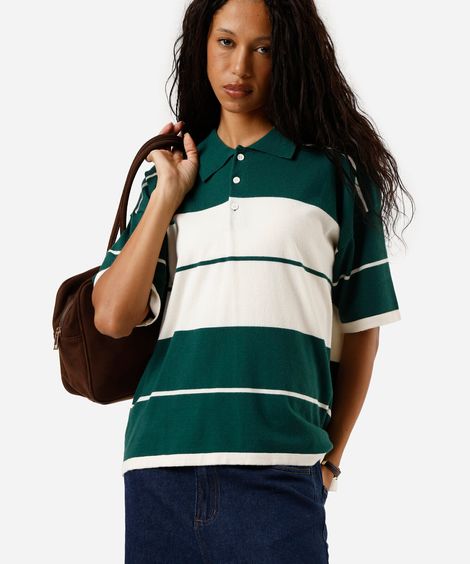 polo feminina com viscose manga curta listrada  verde