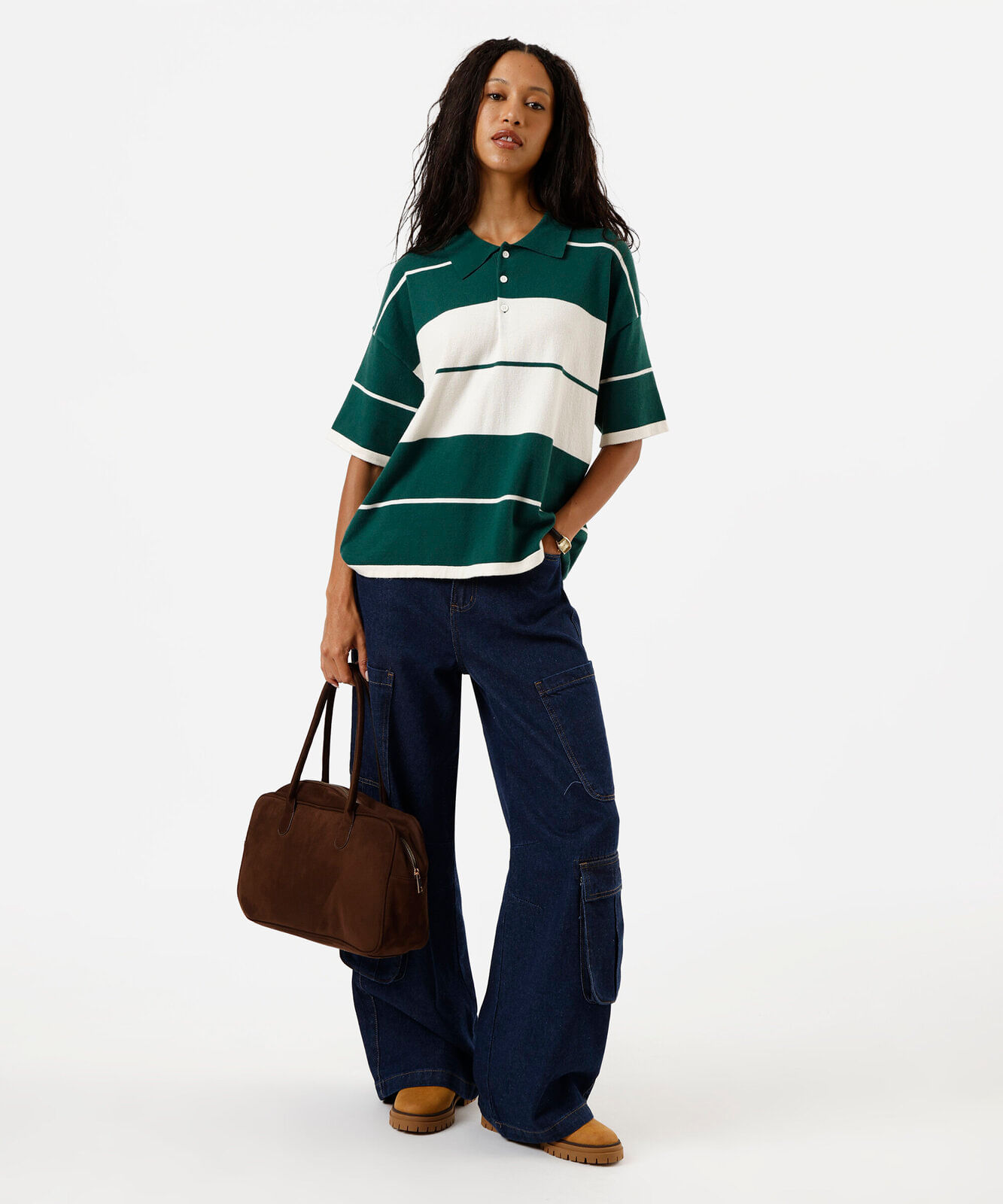 polo feminina com viscose manga curta listrada  verde