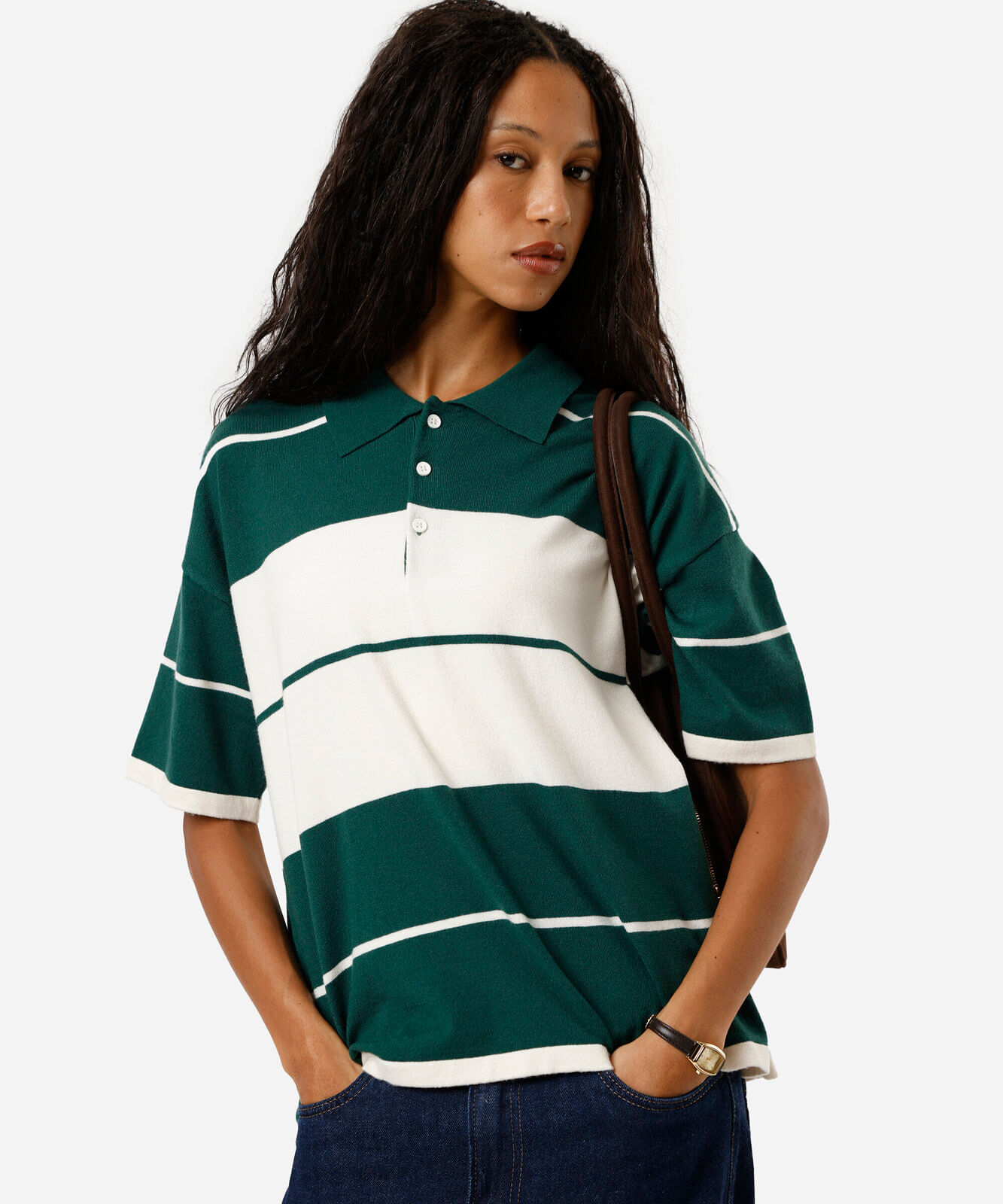 polo feminina com viscose manga curta listrada  verde