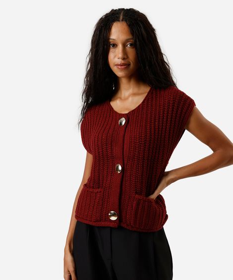 colete feminino de tricot com bolsos vinho