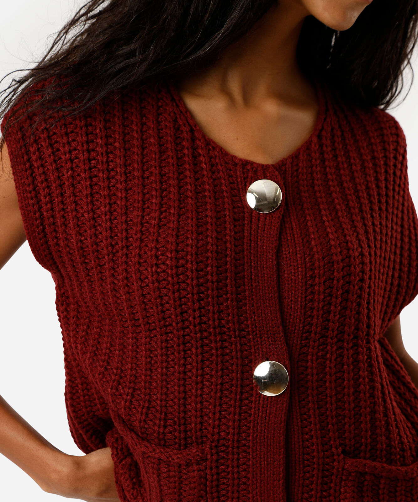 colete feminino de tricot com bolsos vinho