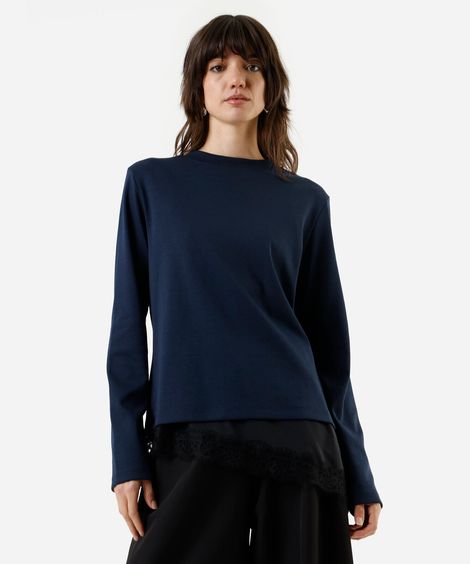 blusa feminina algodão peruano manga longa lisa azul