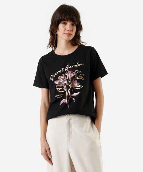 camiseta feminina de algodão secret garden preta