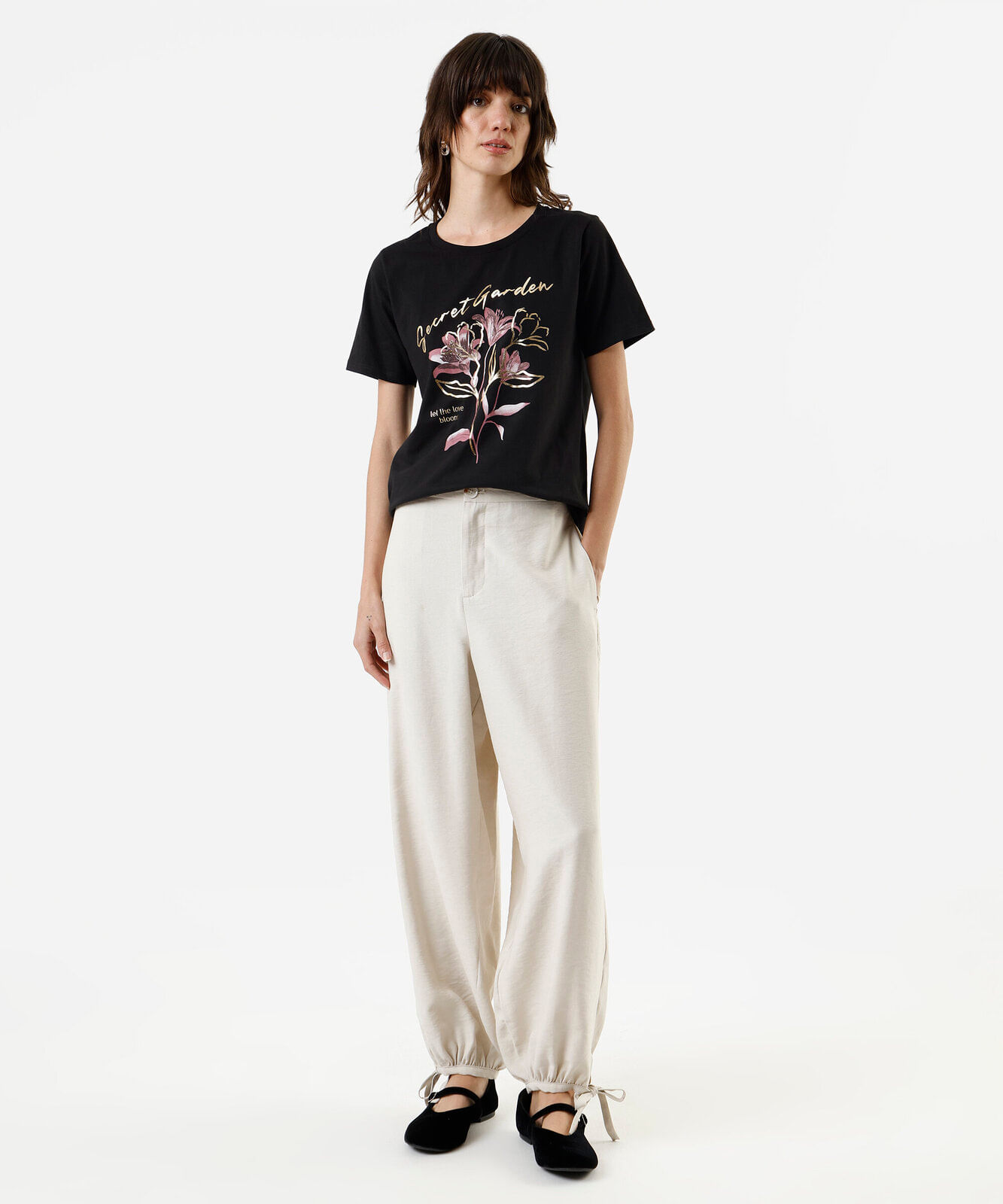 camiseta feminina de algodão secret garden preta