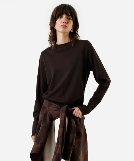 blusa feminina algodão peruano manga longa lisa marrom