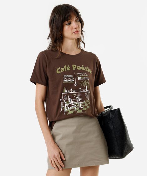 camiseta feminina de algodão café poesie marrom