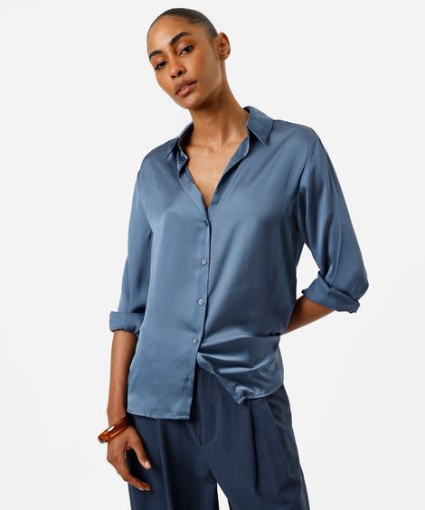 camisa feminina manga longa acetinada azul