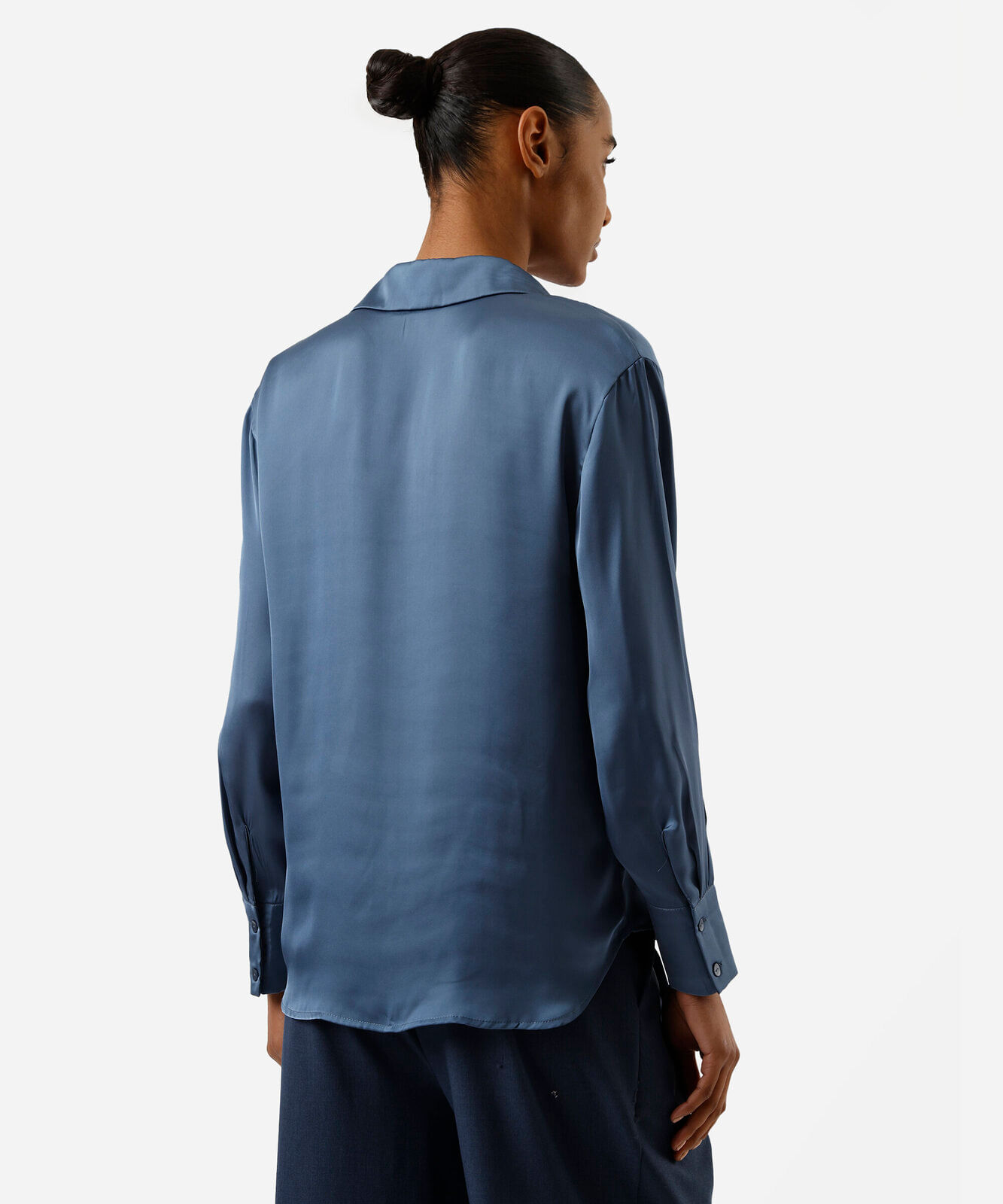 camisa feminina manga longa acetinada azul