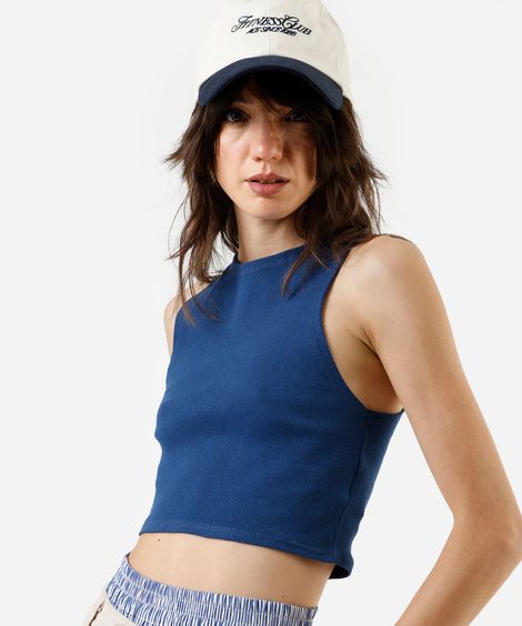 cropped básico feminino de algodão canelado azul