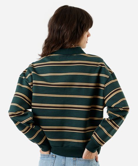 blusão feminino de moletom com gola esporte listrado - verde escuro