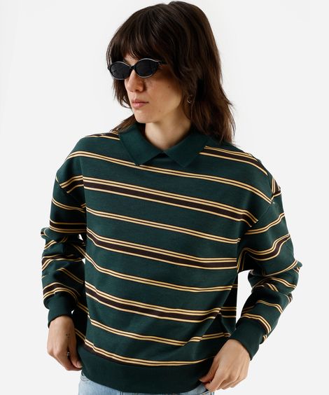 blusão feminino de moletom com gola esporte listrado - verde escuro