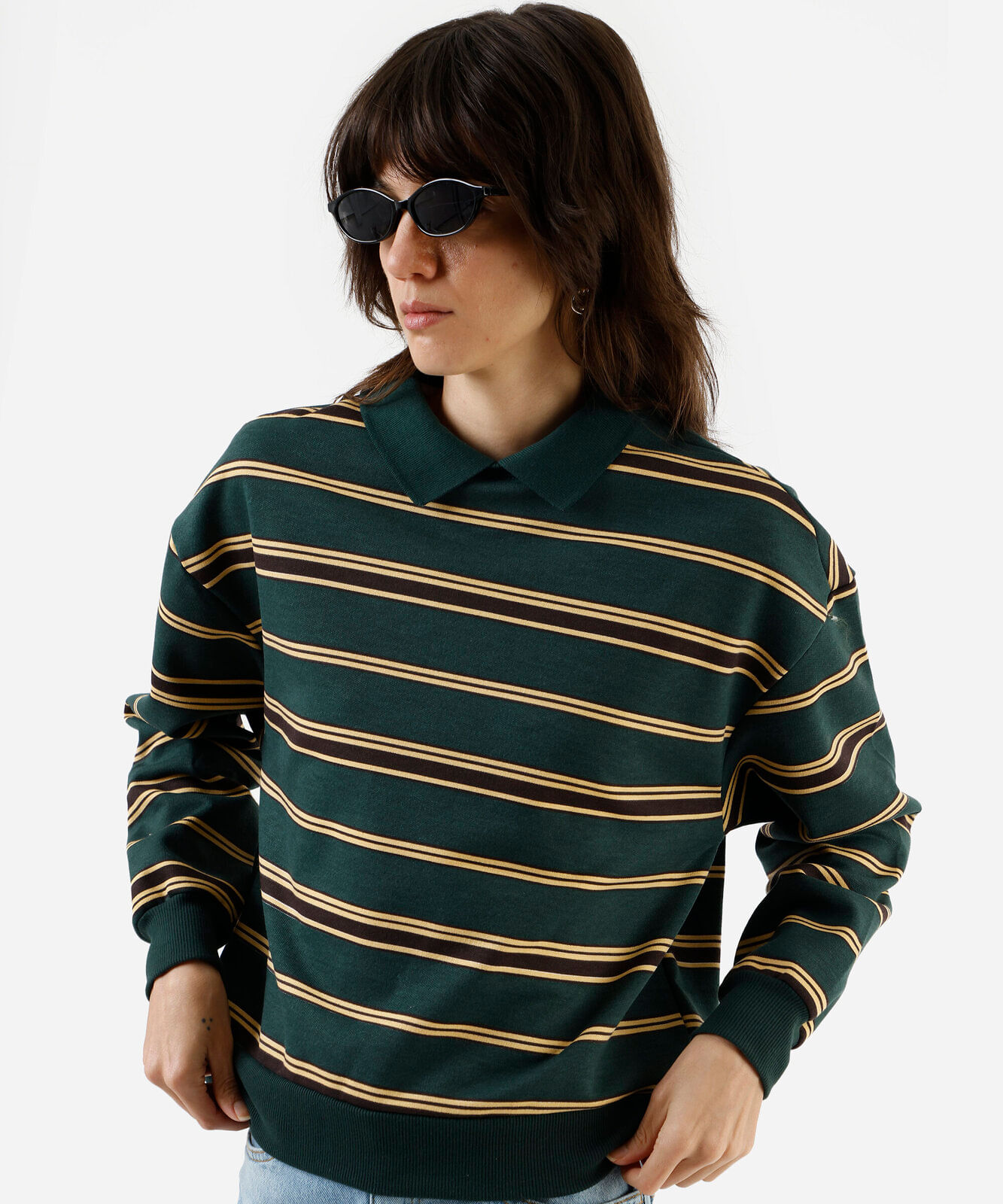 blusão feminino de moletom com gola esporte listrado - verde escuro