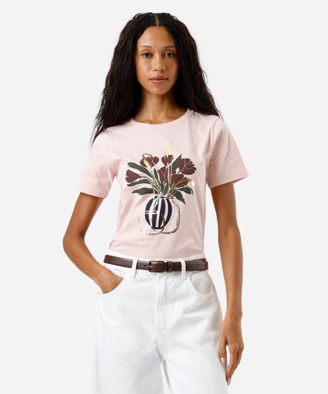camiseta feminina de algodão estampada rosa