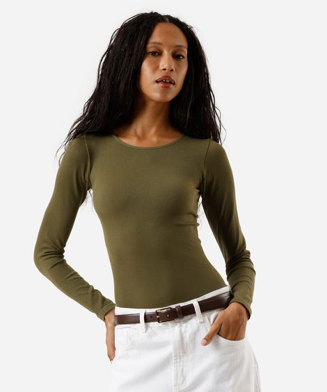 body feminino de poliamida manga longa canelado verde