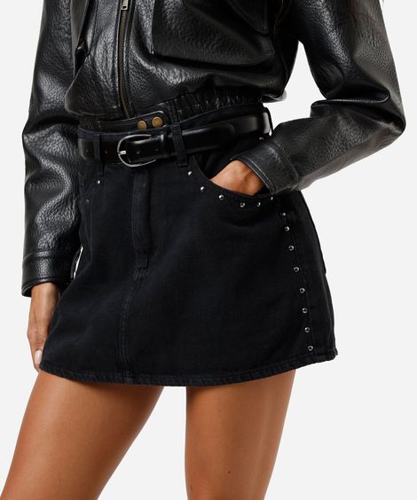 mini short saia feminino jeans com tachas cintura média preto