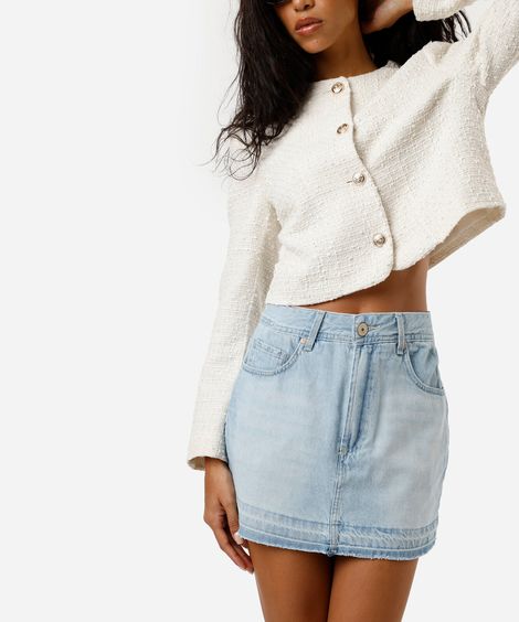 minissaia feminina jeans com barra a fio cintura média azul