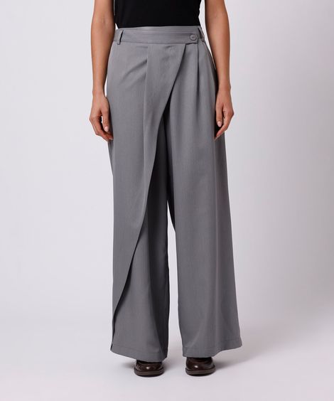 calça de alfaiataria feminina cós transpassado risca de giz cinza