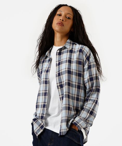 camisa oversized feminina manga longa xadrez azul