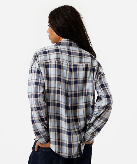 camisa oversized feminina manga longa xadrez azul