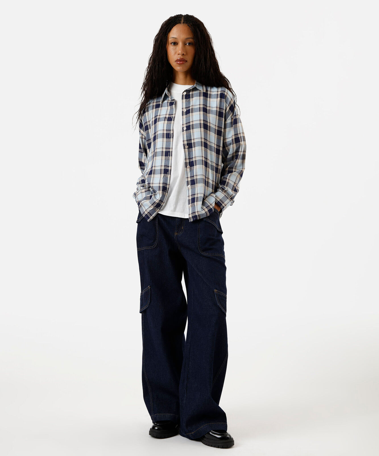 camisa oversized feminina manga longa xadrez azul