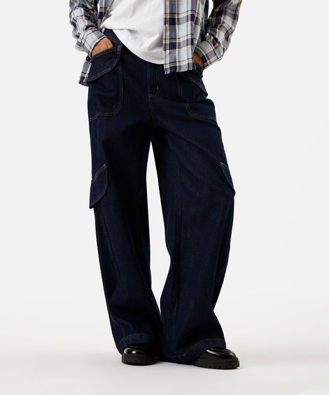 calça skater cargo feminina jeans cintura baixa azul