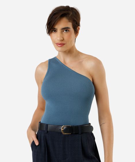 regata de tricot ombro único canelada azul