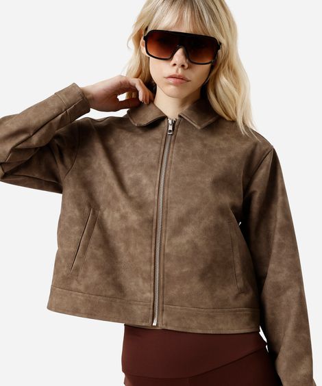 jaqueta feminina de poliuretano com zíper bege