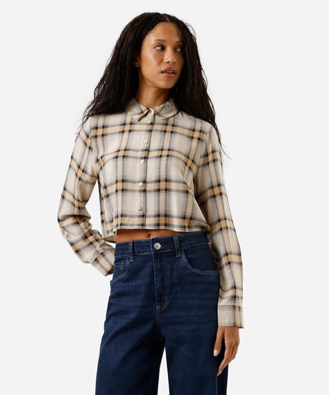 camisa cropped feminina de viscose manga longa xadrez bege