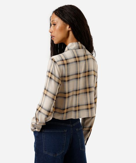 camisa cropped feminina de viscose manga longa xadrez bege